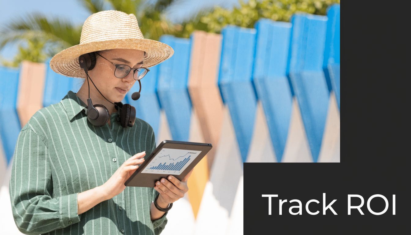 A professional woman wearing a hat and headset checking data on a tablet in front of a blue and beige wall.