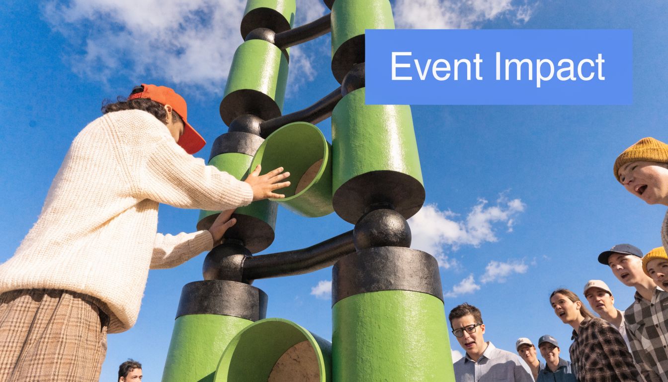 A diverse group of people engaging with a large green and black interactive structure outdoors.
