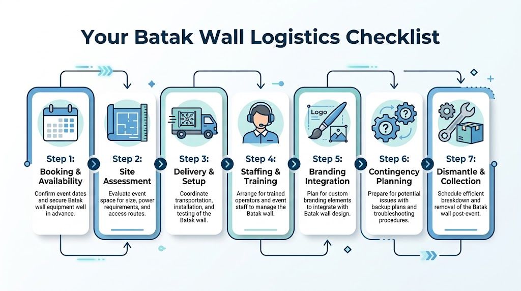 A step-by-step logistics checklist infographic for hiring and managing a Batak wall event installation.
