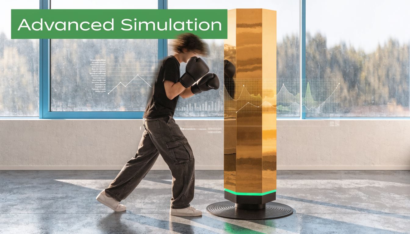 A person training with a modern digital boxing simulator in a bright, futuristic gym environment.