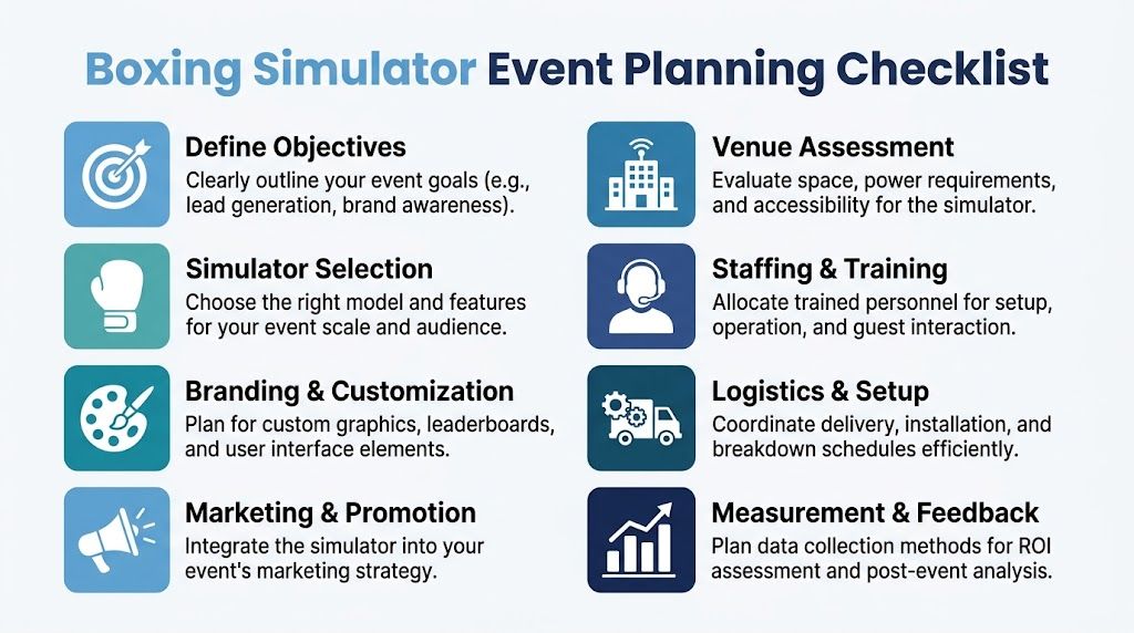 A professional infographic outlining a checklist for planning events featuring a boxing simulator interactive game.