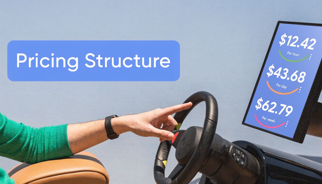 A person pointing at a car simulator screen displaying hourly, daily, and weekly rental pricing options.