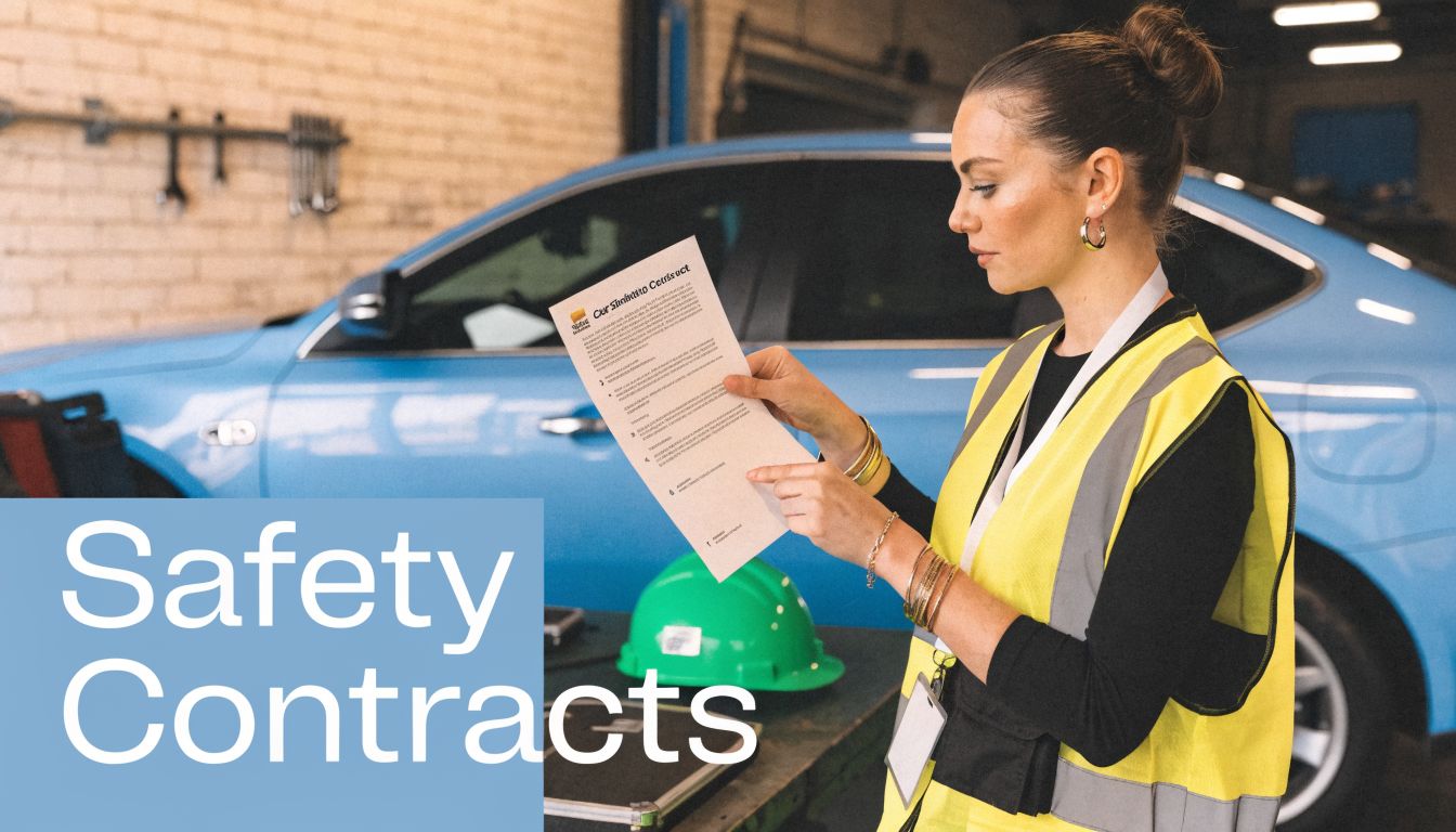 A female automotive technician in a high-visibility vest reviews a car simulator hire safety contract document.