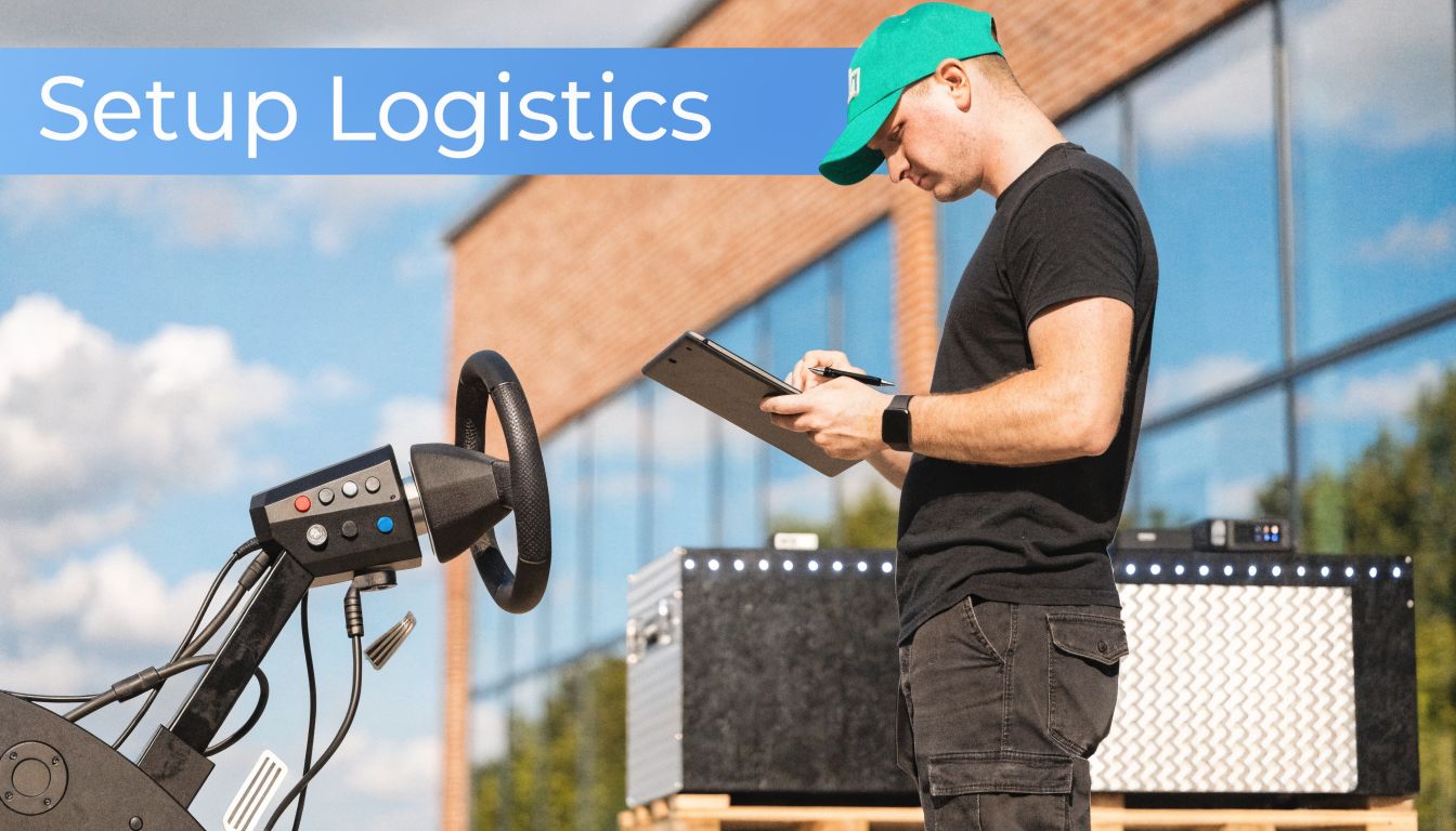 A technician wearing a green cap prepares a car simulator setup for a logistics event outdoors.