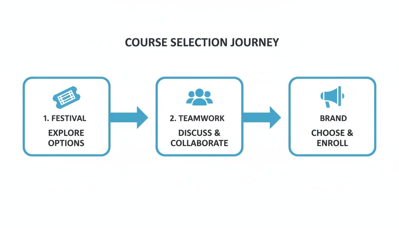 Infographic illustrating a three-step course selection journey: explore options, discuss, and enroll.