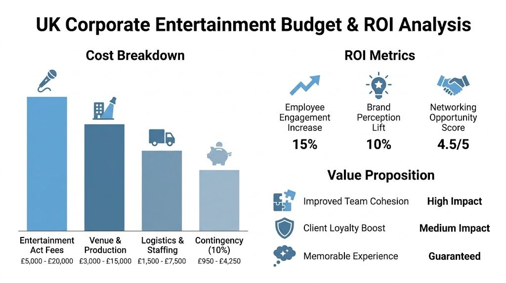A visual breakdown of UK corporate entertainment budget categories, ROI metrics, and event value propositions.