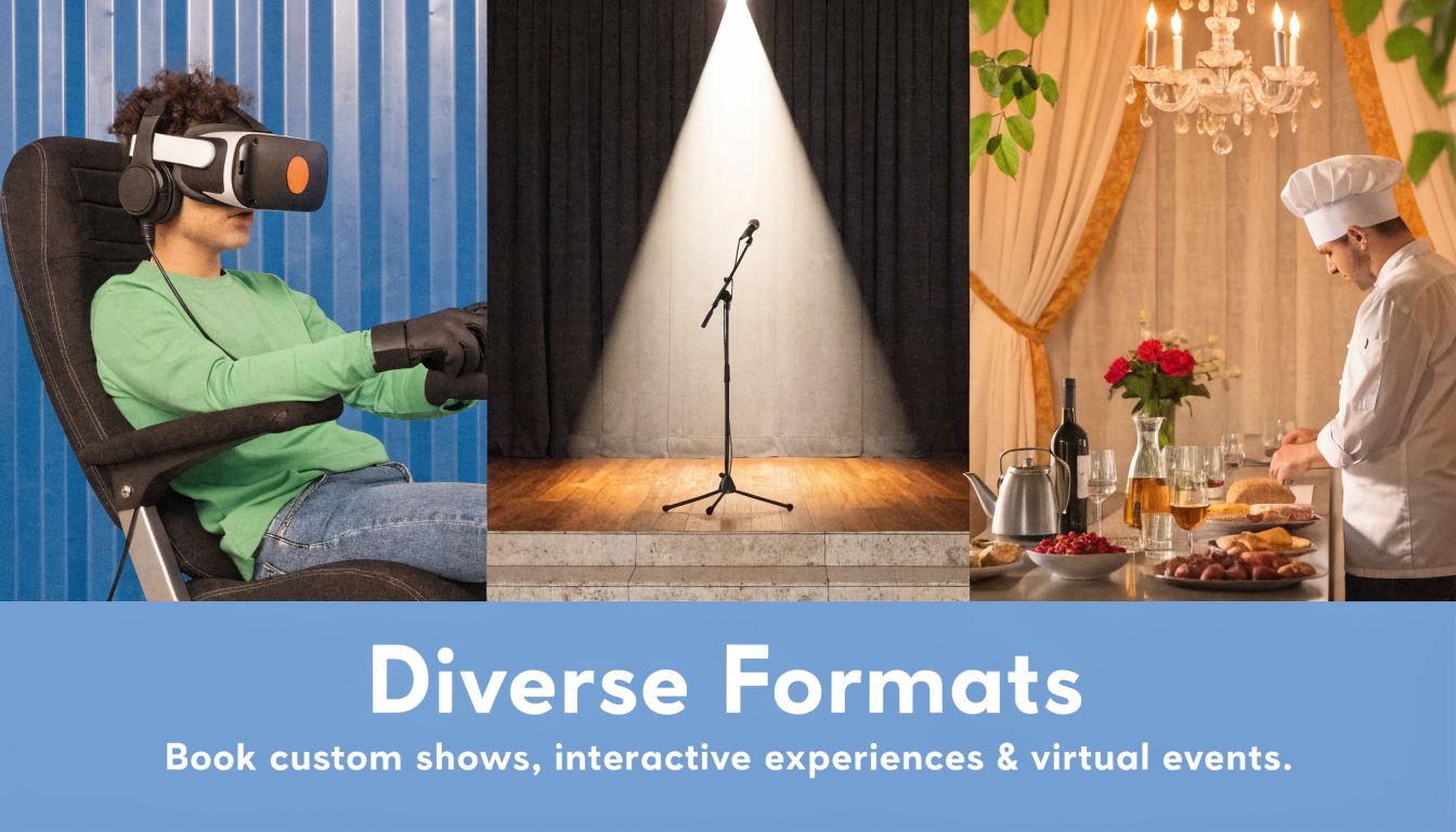 Collage showcasing diverse corporate entertainment options including virtual reality, live stage performances, and private chef experiences.