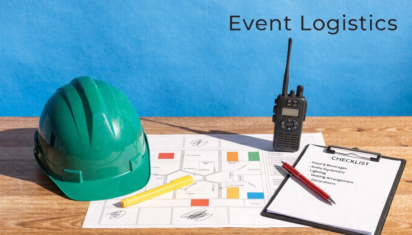 An event logistics planning workspace with a green safety helmet, floor plan, checklist, and communication radio.
