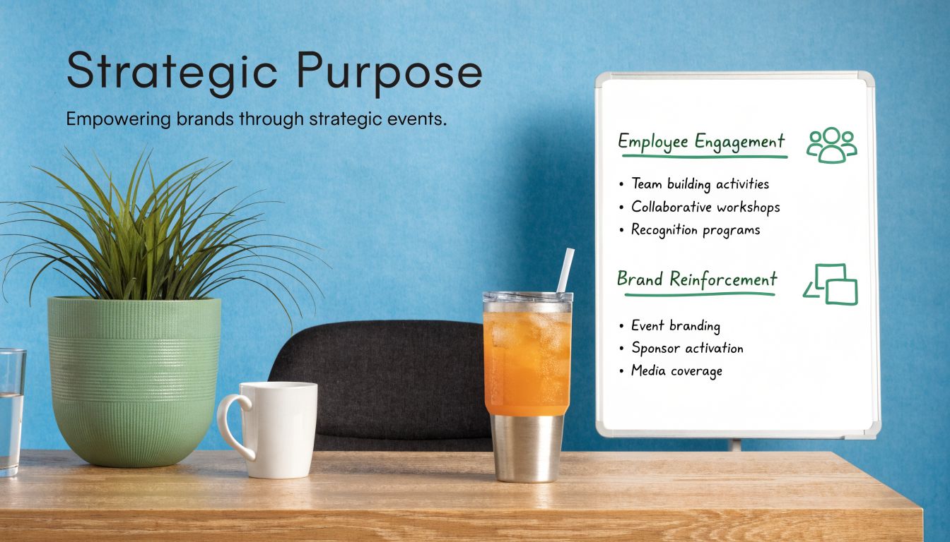 A professional desk setup featuring a whiteboard displaying strategic event purposes like employee engagement and brand reinforcement.