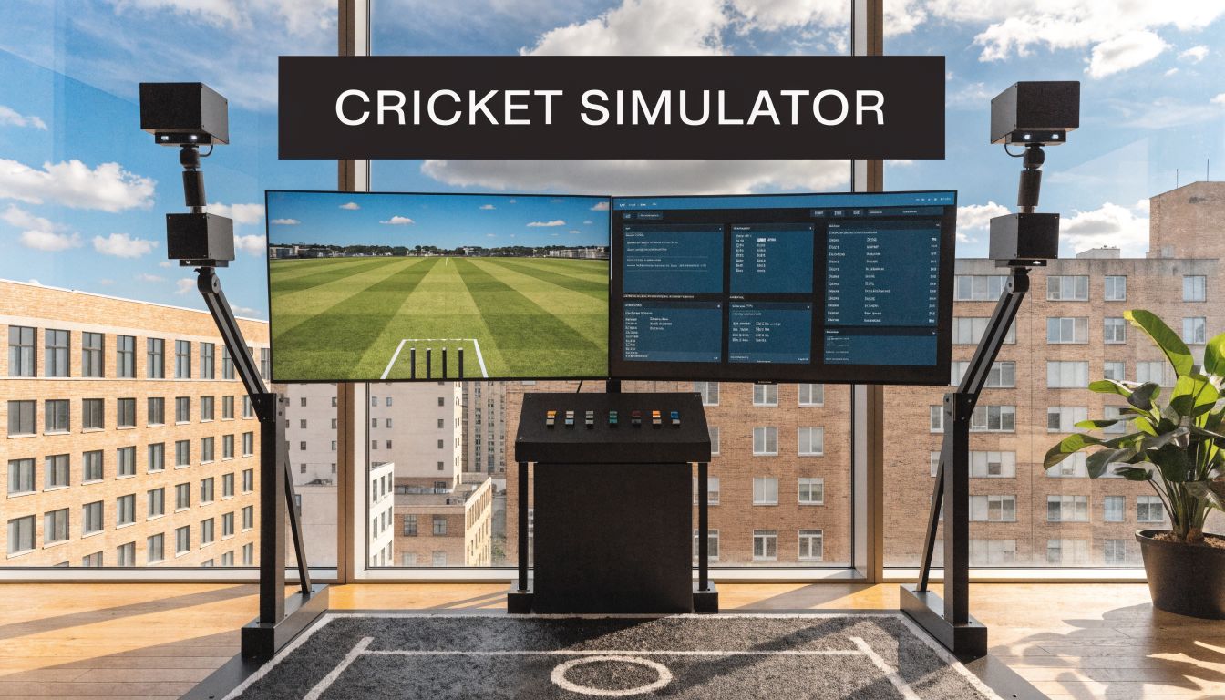A professional indoor cricket simulator setup with two large screens and a control console in an office.