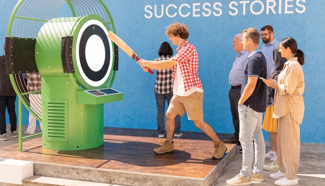 A man with curly hair swings a cricket bat at a green interactive training machine during an event.