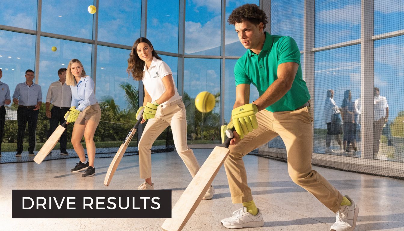 A diverse group of people training on an indoor cricket simulator with balls and bats.