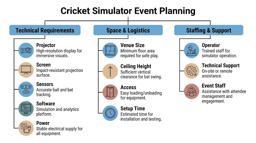 An infographic titled Cricket Simulator Event Planning outlining technical, space, logistics, and staffing requirements for setup.