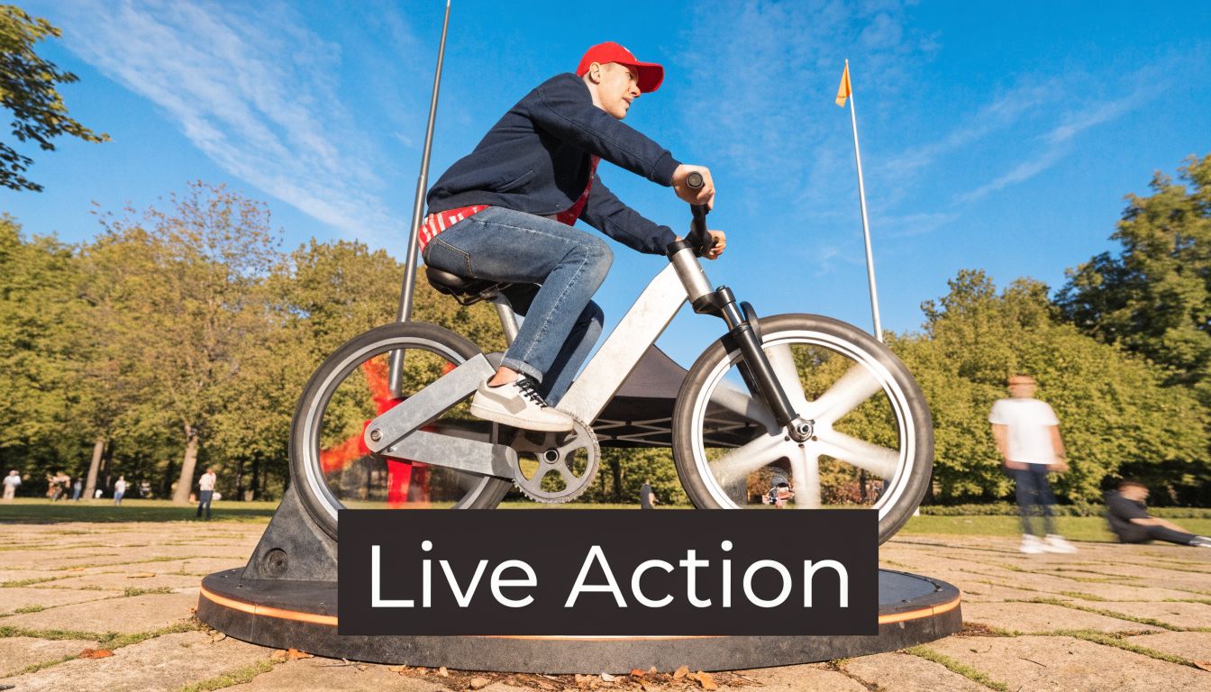 A man in a red cap sits on an interactive outdoor cycle simulator in a sunny park.