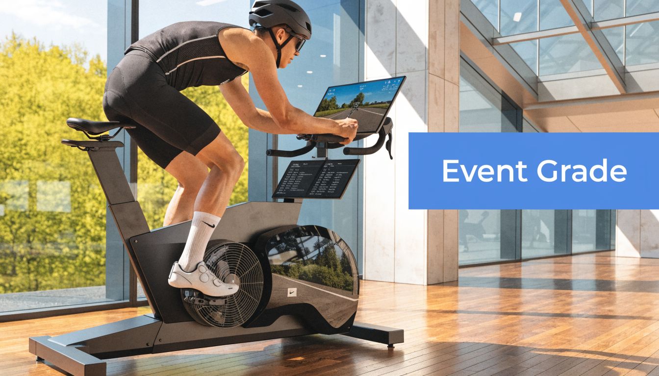 A professional athlete using a high-tech stationary exercise bike with a virtual screen in a modern studio.