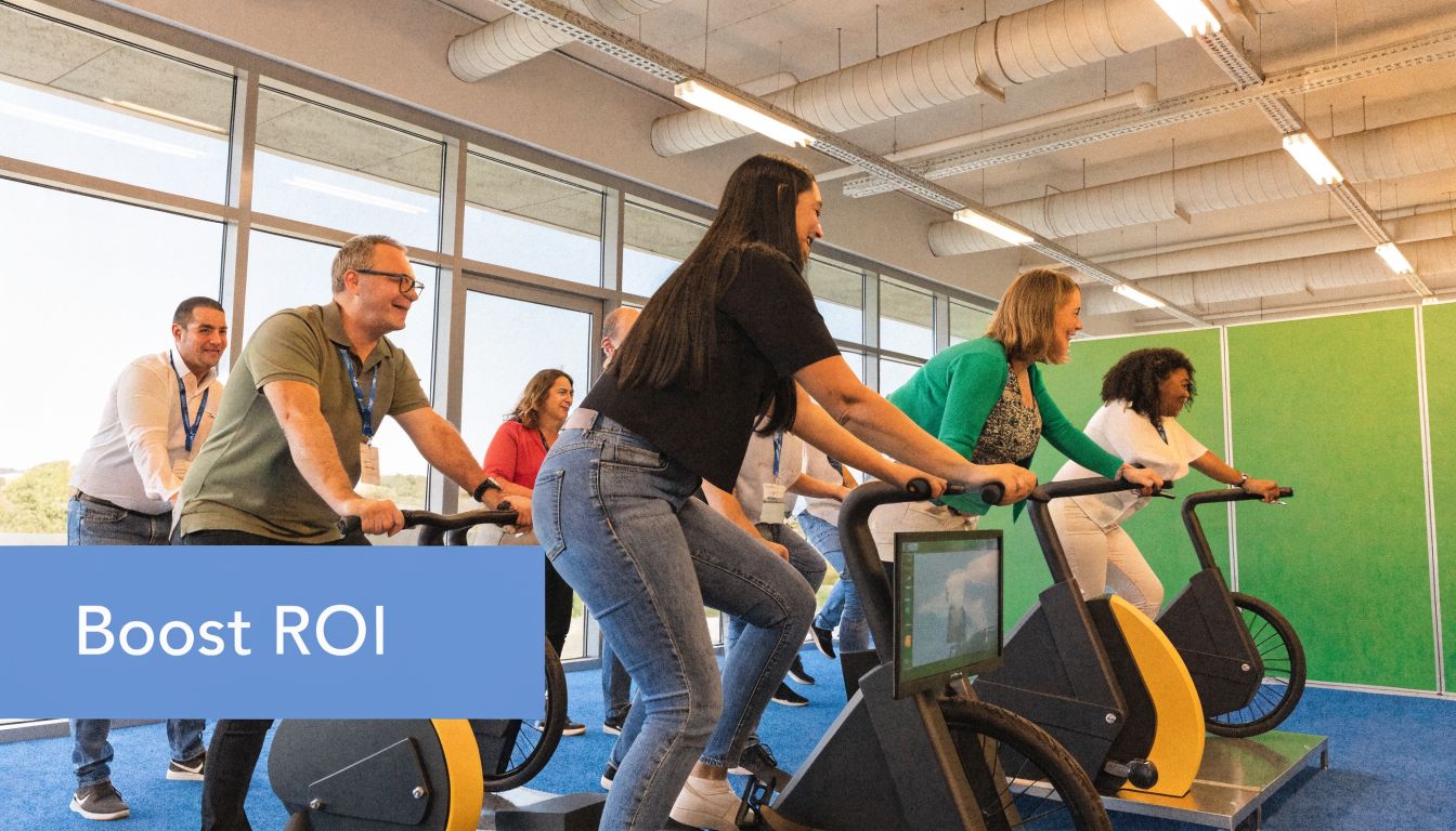 A diverse group of office professionals using stationary exercise bikes during a team-building indoor cycling session.