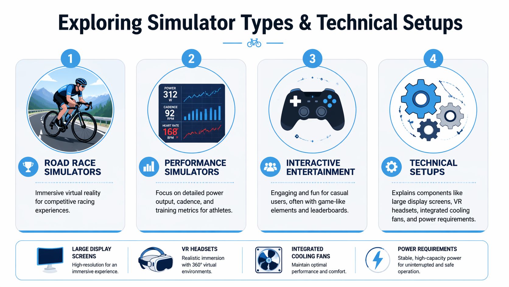 An infographic showing four types of indoor cycle simulators and necessary technical setups for home installations.