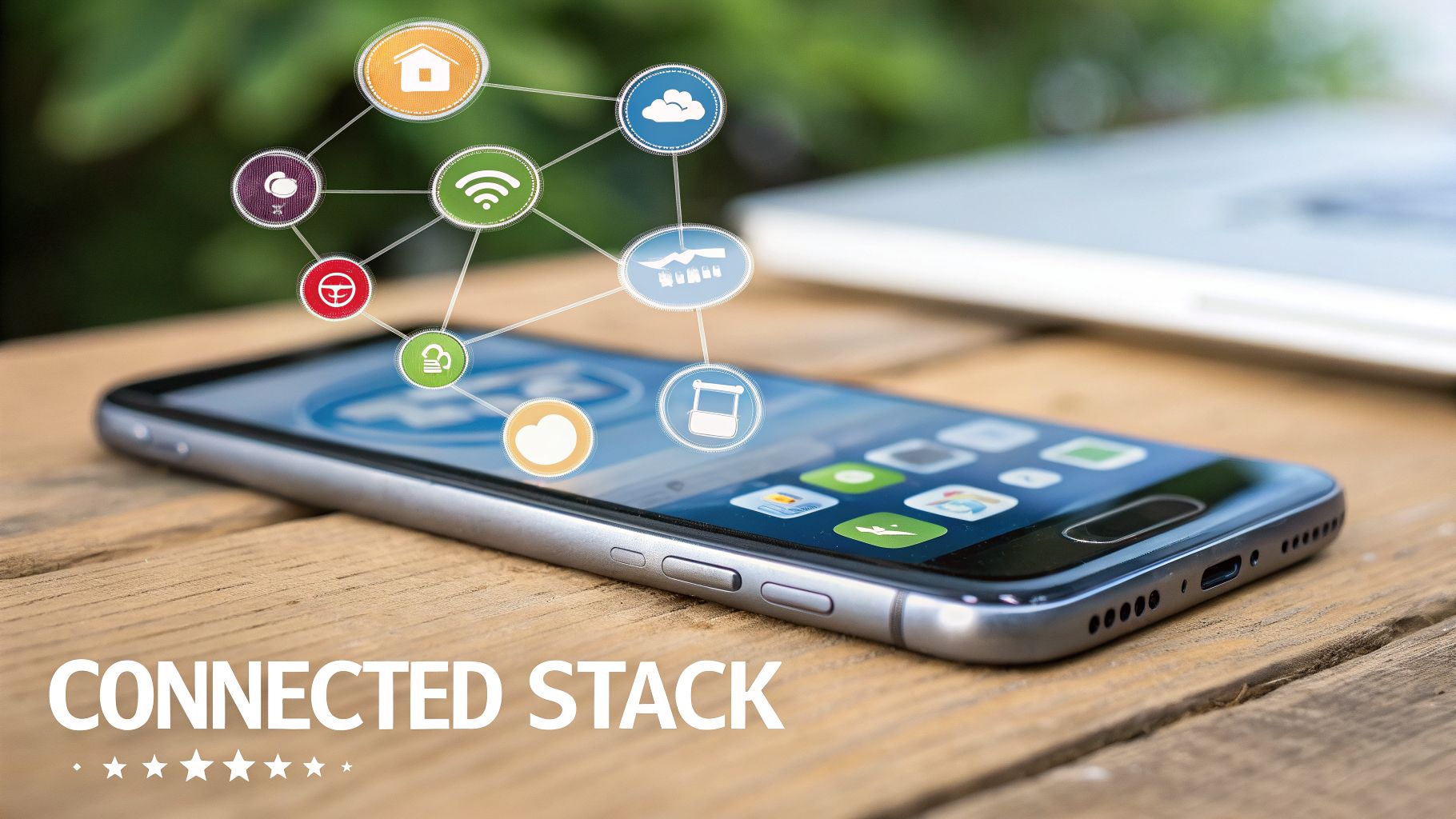 Smartphone on a wooden table with interconnected smart device icons, symbolizing a connected stack.
