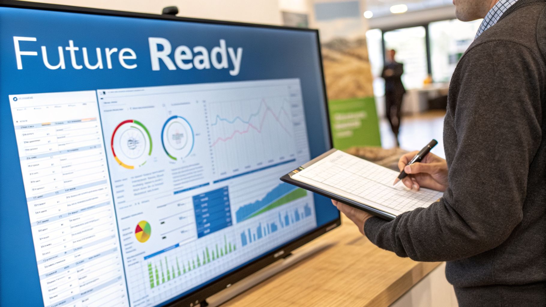 A person takes notes while viewing a large monitor displaying data analytics and charts for future readiness.
