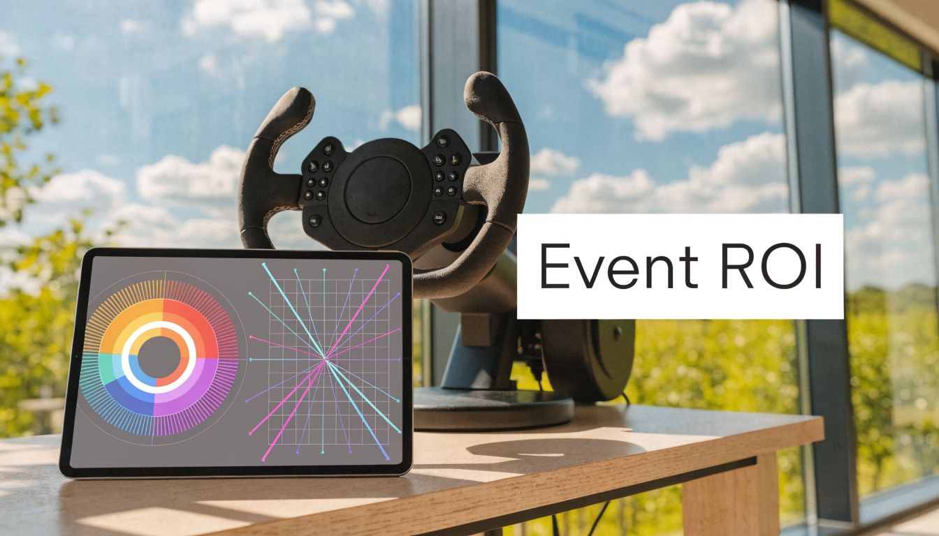 A tablet displaying data visualization charts next to a racing steering wheel on a desk.