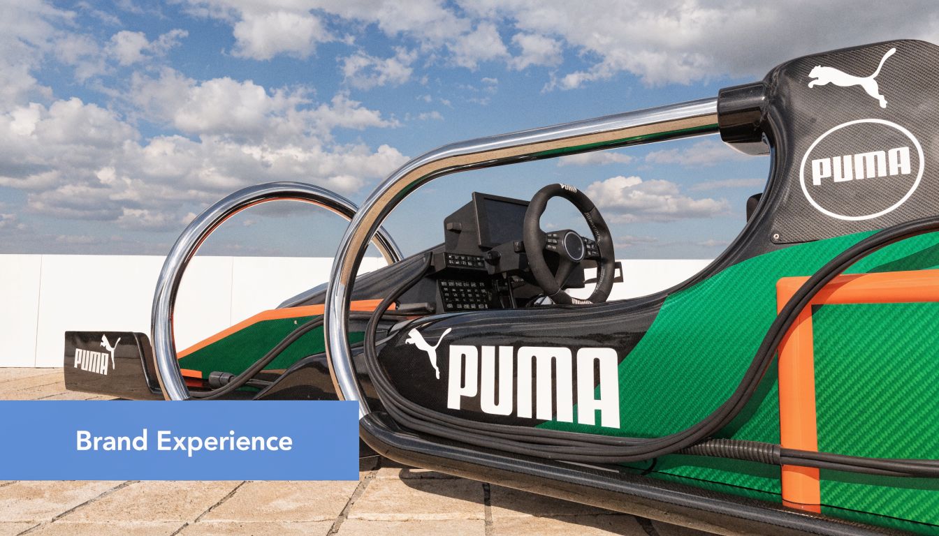 A sleek Puma branded Formula 1 racing simulator cockpit featuring carbon fiber detailing against a cloudy sky.
