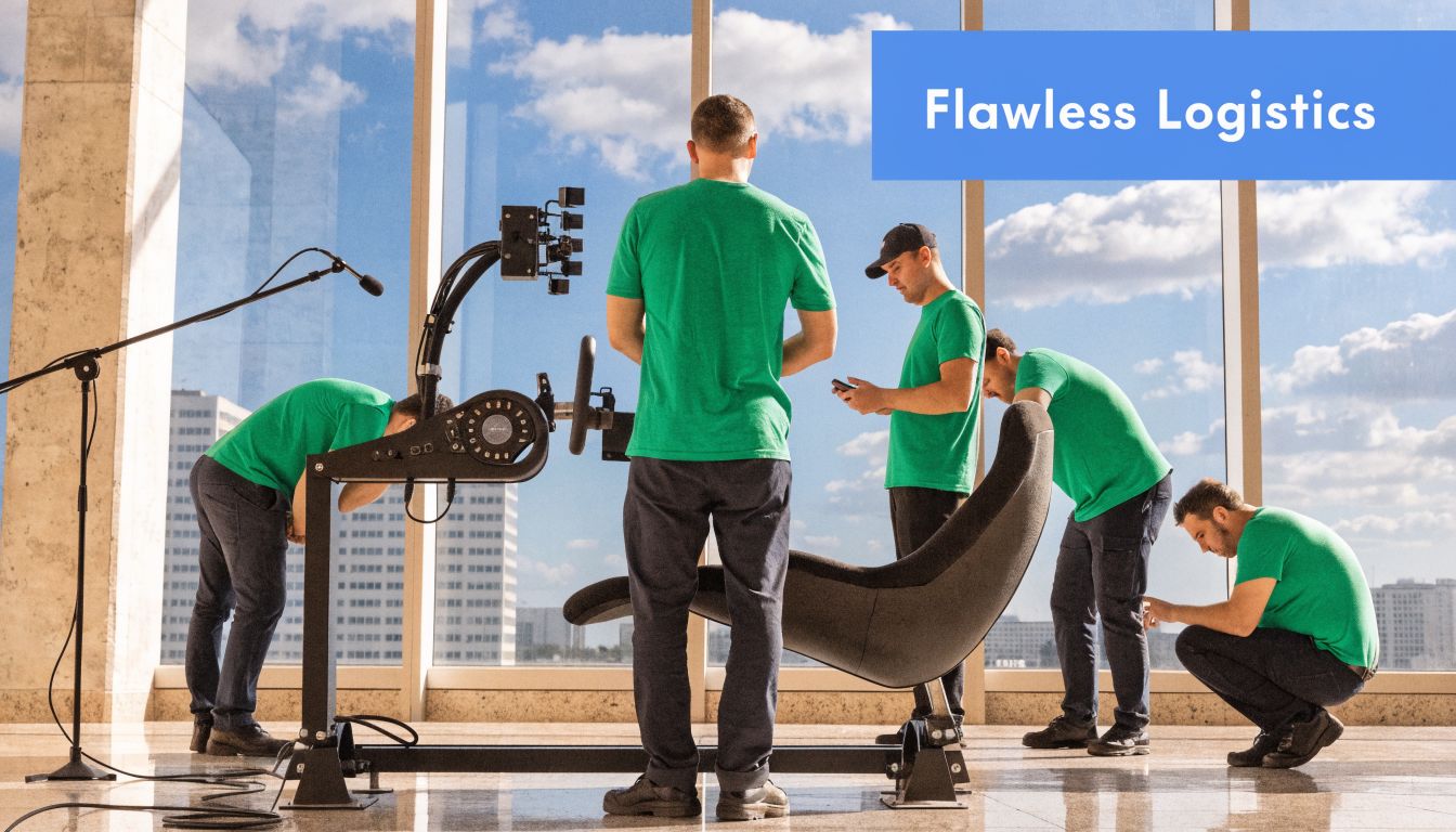 Multiple versions of a man wearing a green t-shirt interact with a Formula 1 racing simulator.