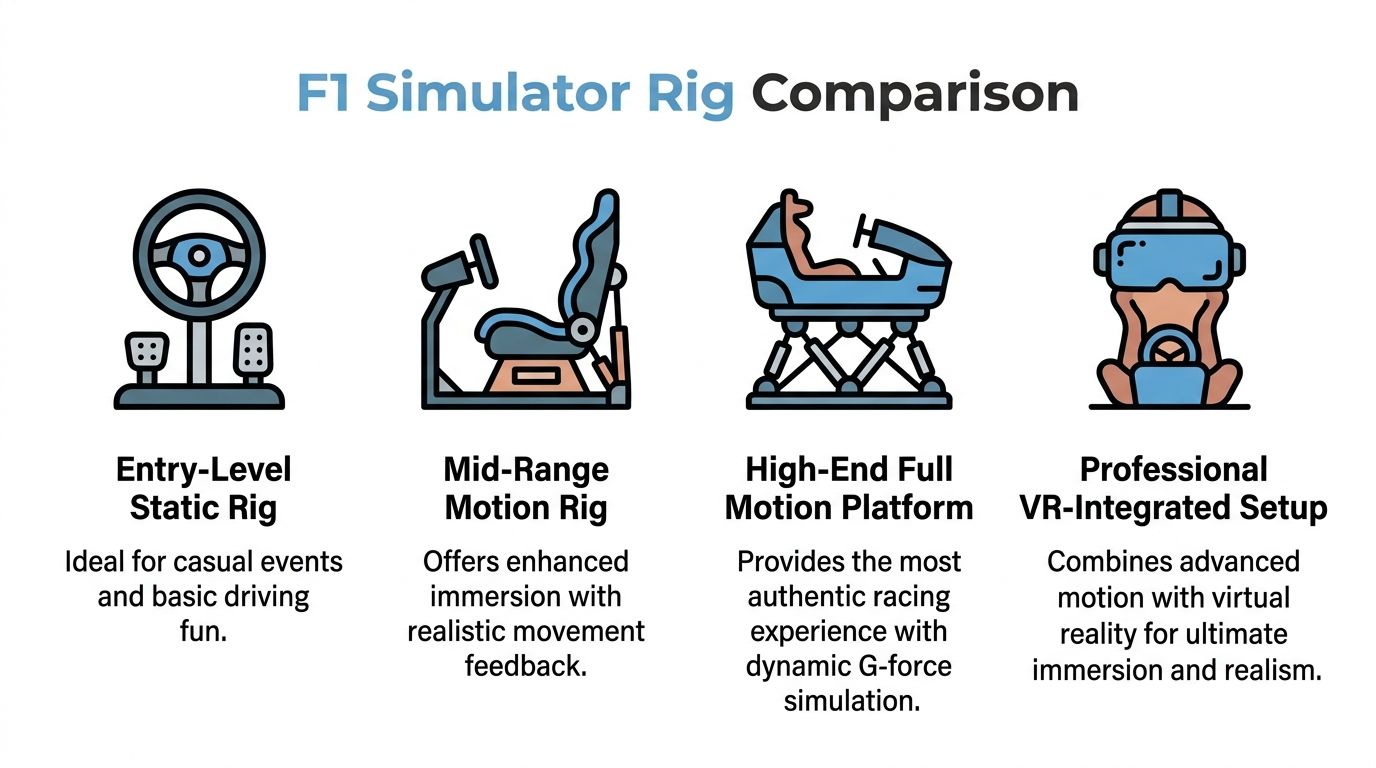 A comparison chart showing four different levels of F1 racing simulator rigs, from static to VR-integrated.