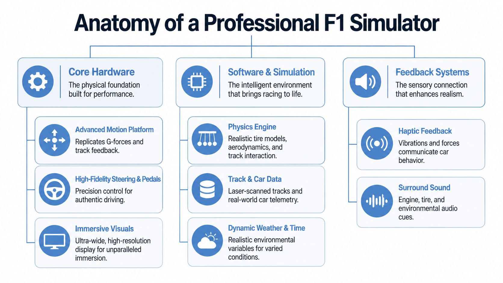 A diagram outlining the components of a professional F1 simulator, including hardware, software, and feedback systems.