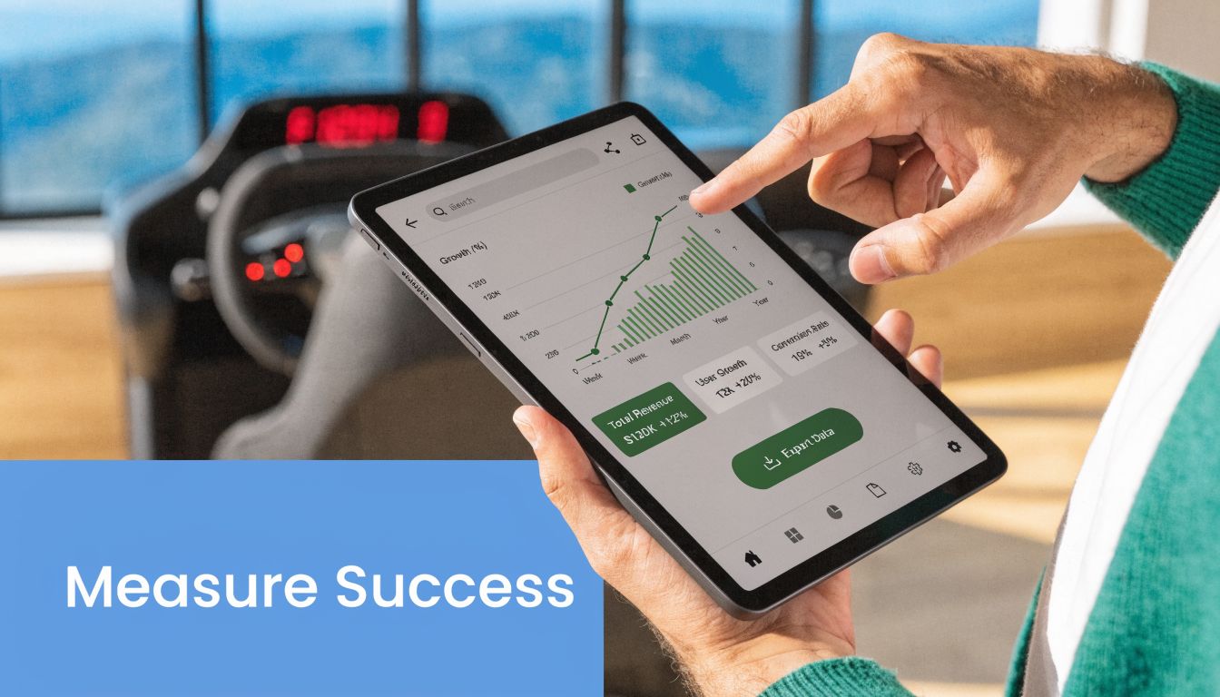 A person reviewing business growth analytics on a tablet screen in front of an F1 racing simulator.