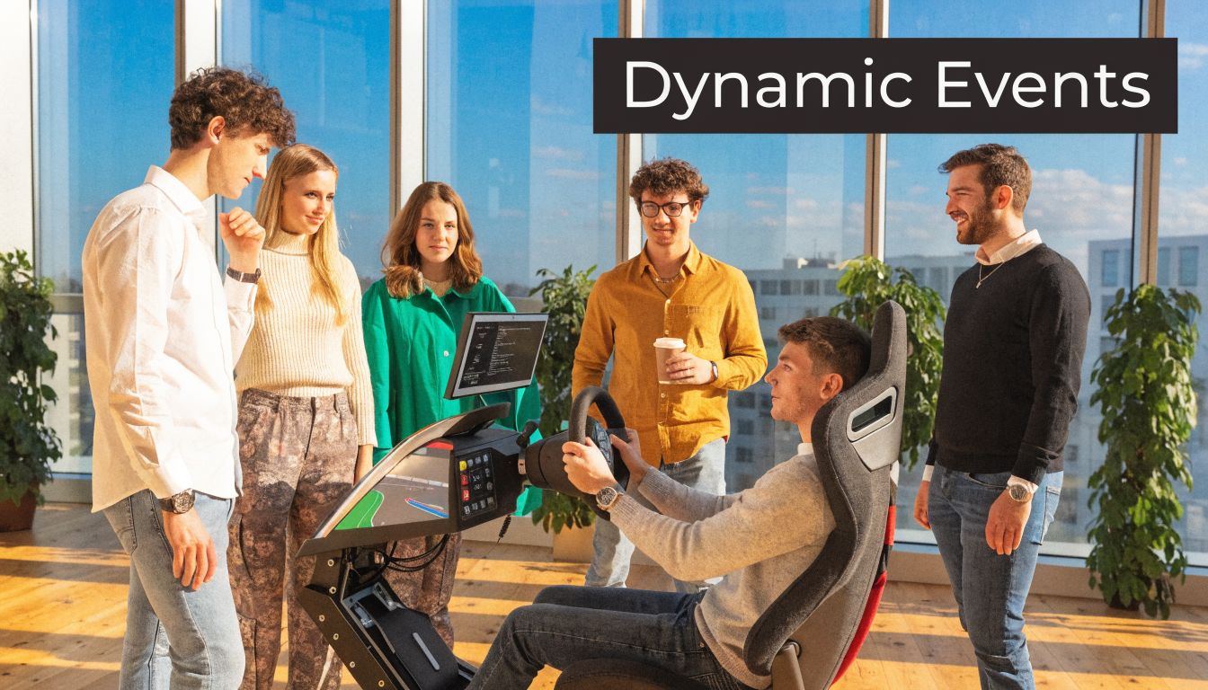 A group of young adults gathered around a high-tech racing simulator in a bright, modern office space.