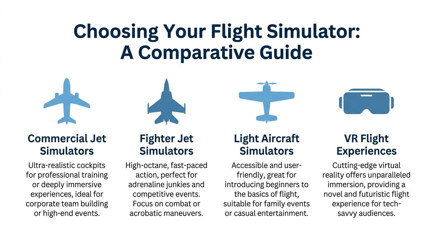 A comparison guide for different types of flight simulators, including commercial, fighter, light aircraft, and VR experiences.