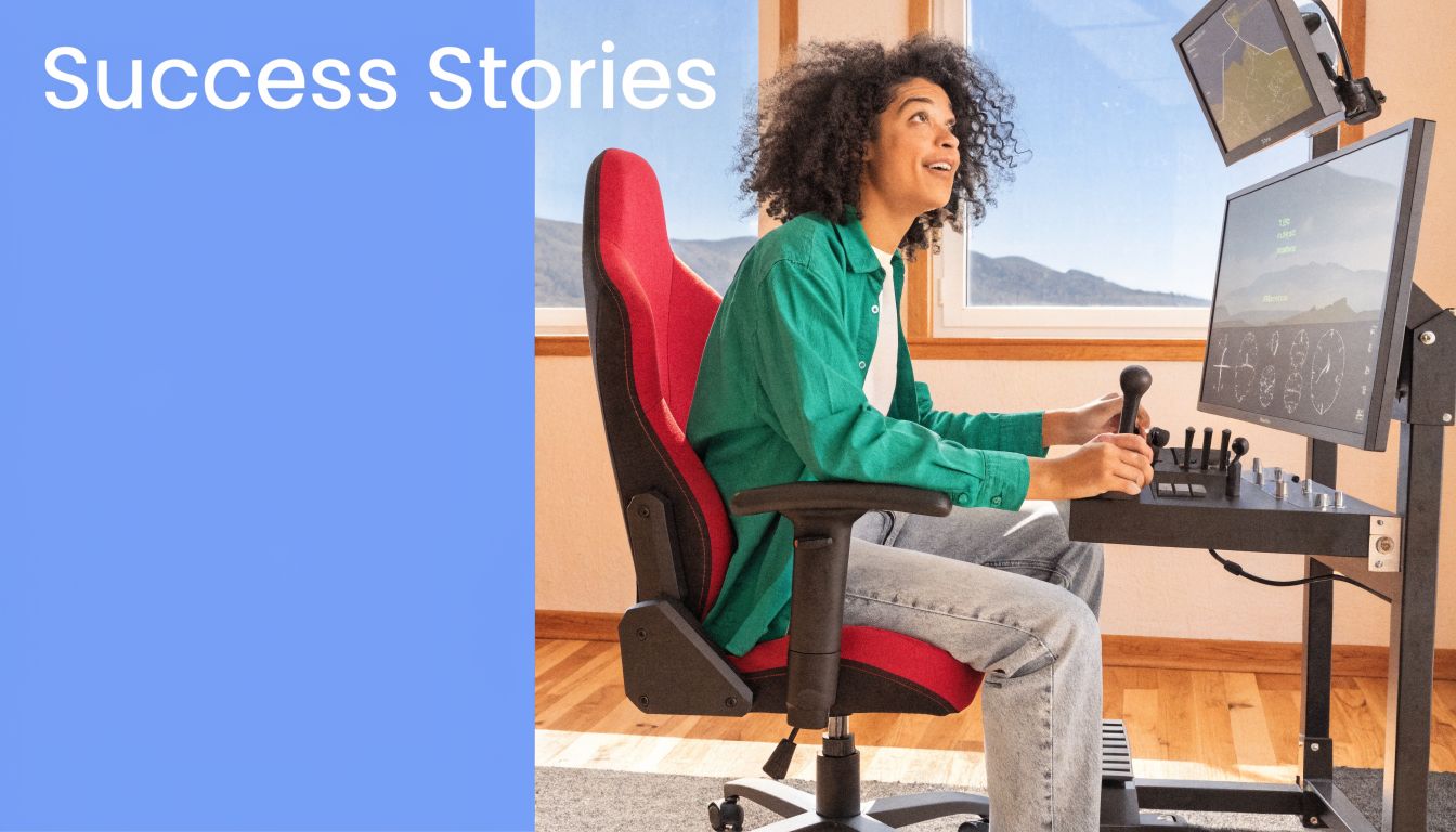 A person sitting in a gaming chair using a flight simulator setup with monitors and a joystick.