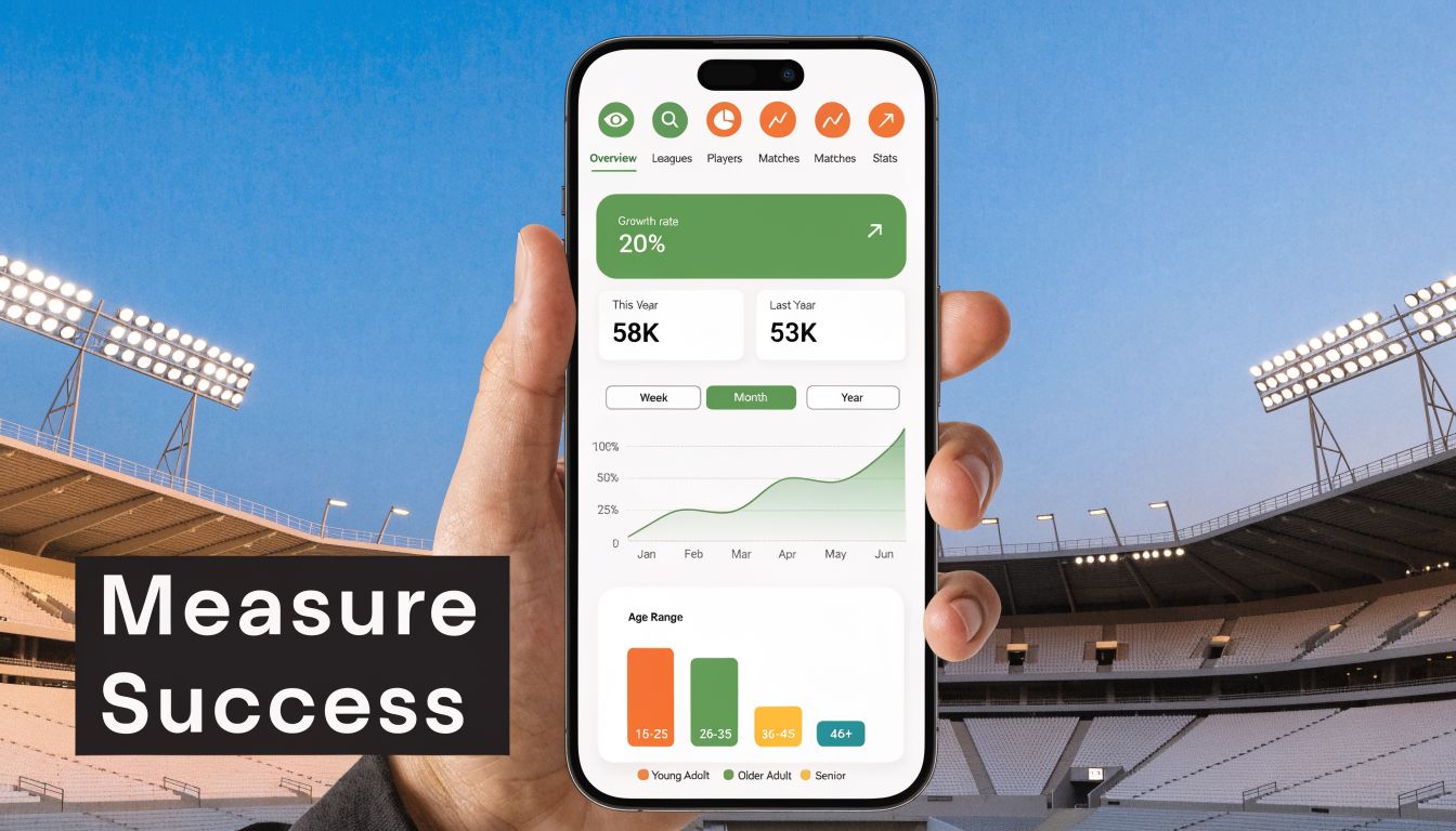 A smartphone held in a hand displaying sports analytics dashboard charts against a stadium background.