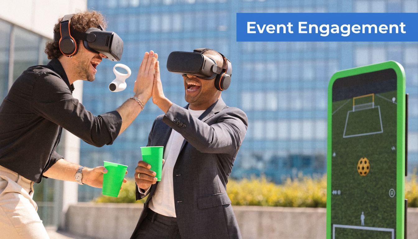 Two men wearing virtual reality headsets high five while holding green cups at an outdoor event.
