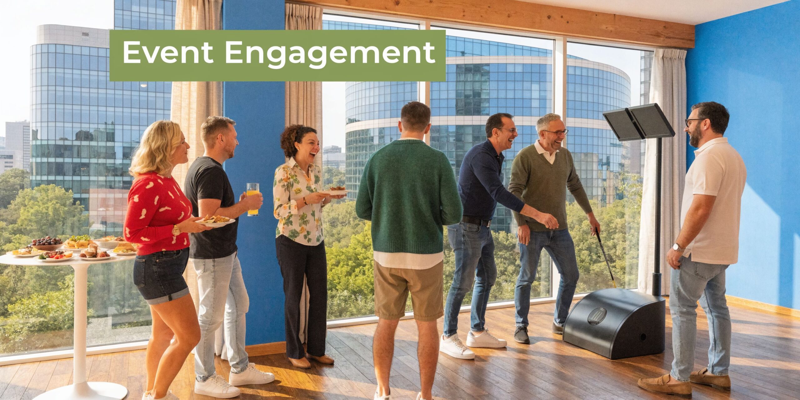 A group of colleagues enjoying food and conversation at an indoor social event by a large window.