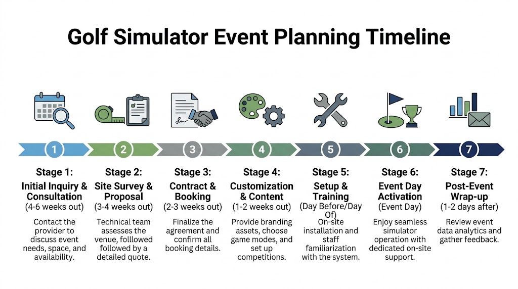 A chronological infographic showing seven steps for planning a professional golf simulator event.