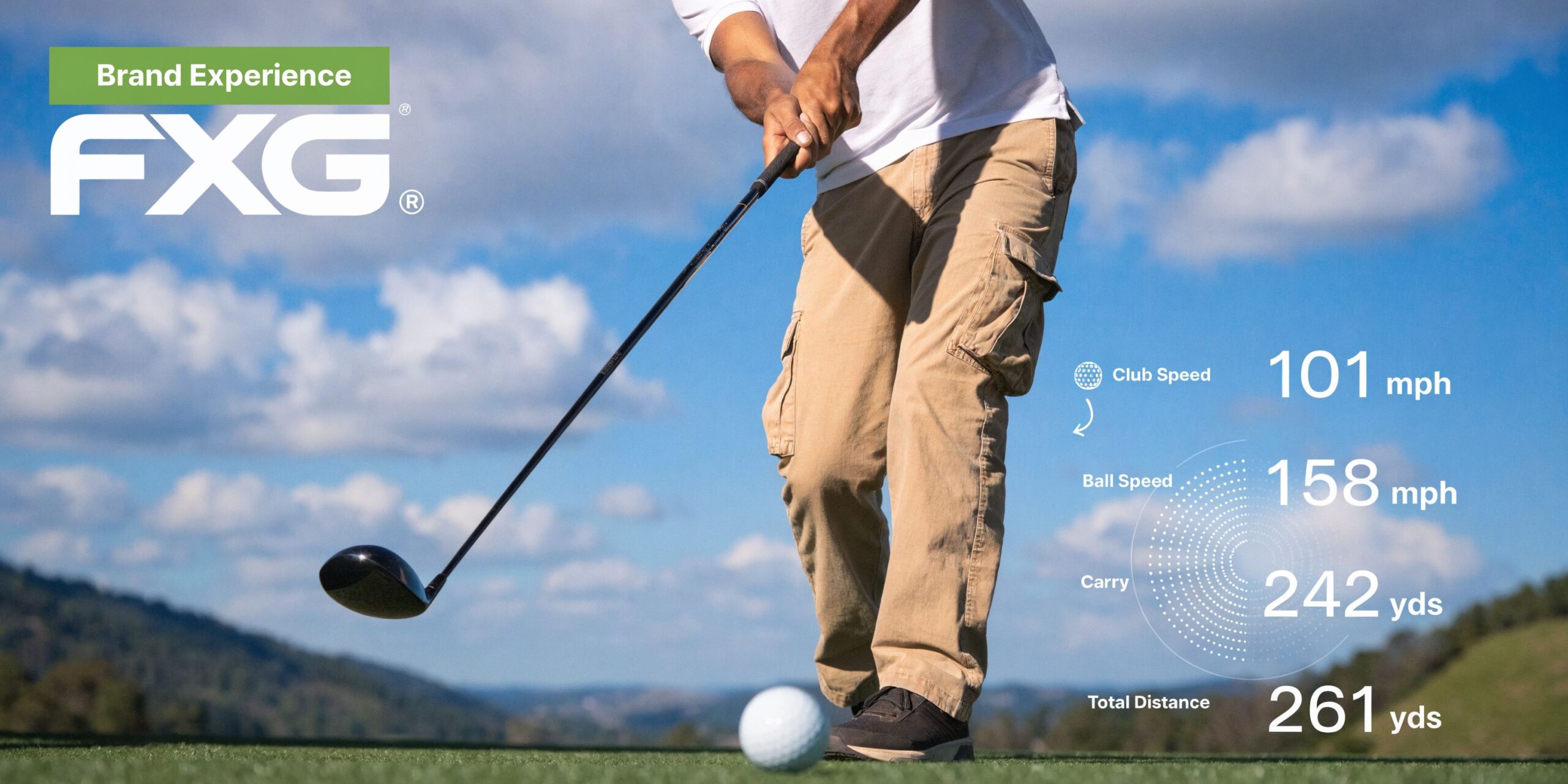 A golfer mid-swing on a driving range with digital golf performance data displayed over the blue sky.