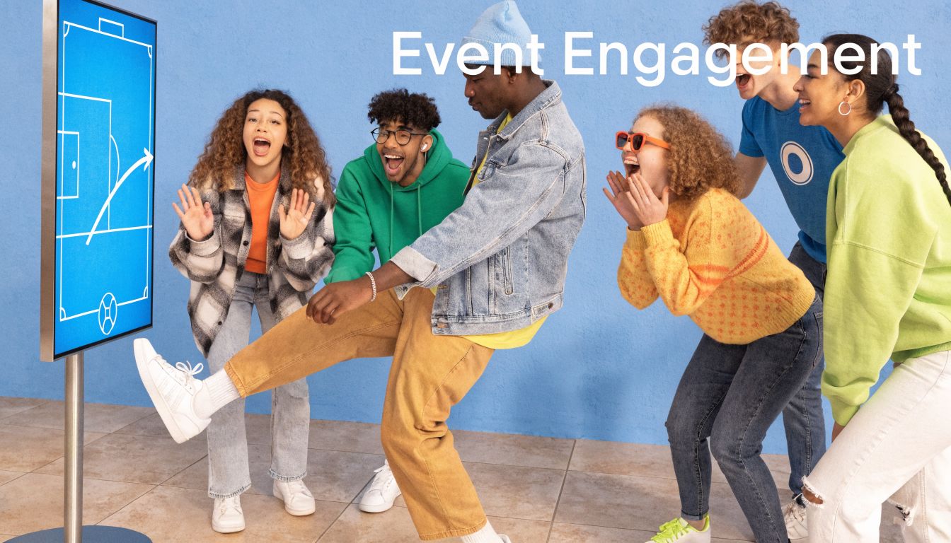 A diverse group of energetic young adults excited while interacting with a digital football game screen.