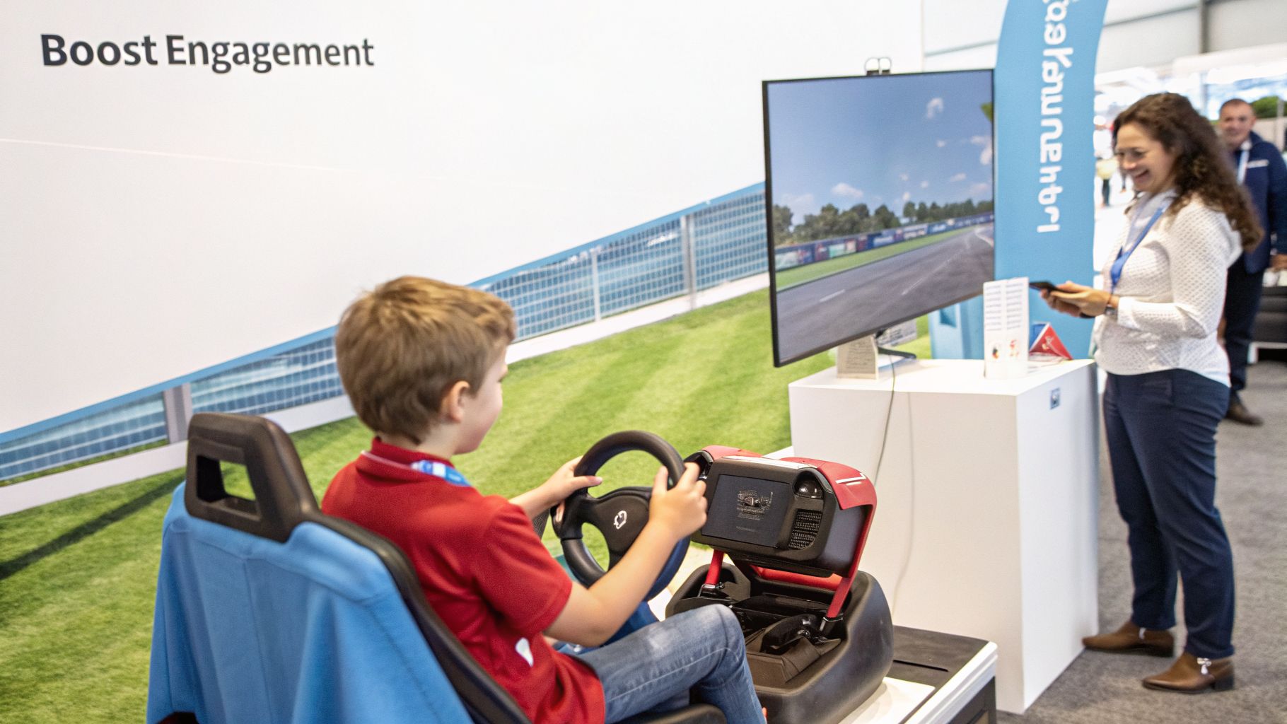 A young boy plays a racing simulator game at an event booth with a smiling woman nearby.