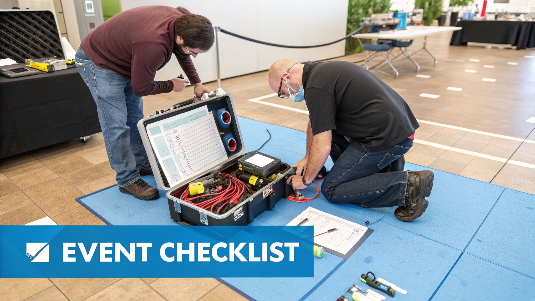 Two technicians prepare equipment from an open case with a checklist on a blue mat.