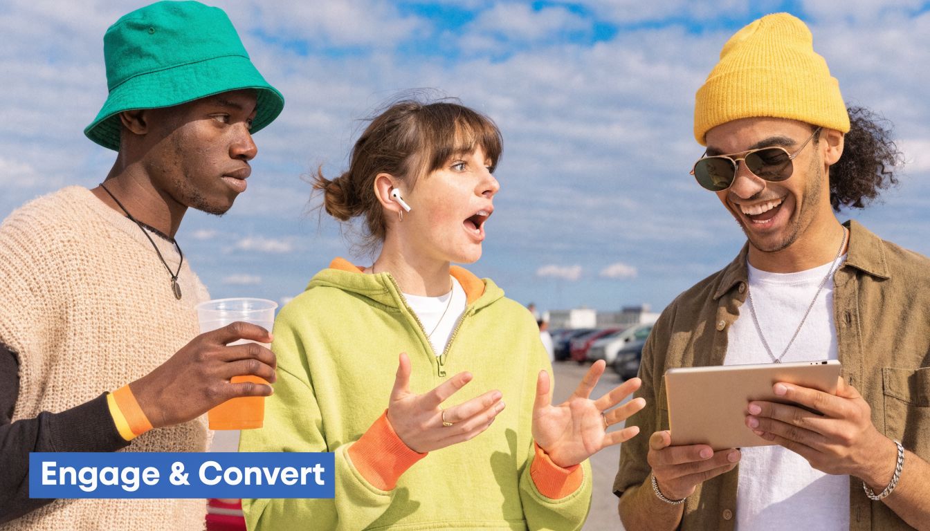 A diverse group of three friends excitedly looking at a digital tablet together outdoors.