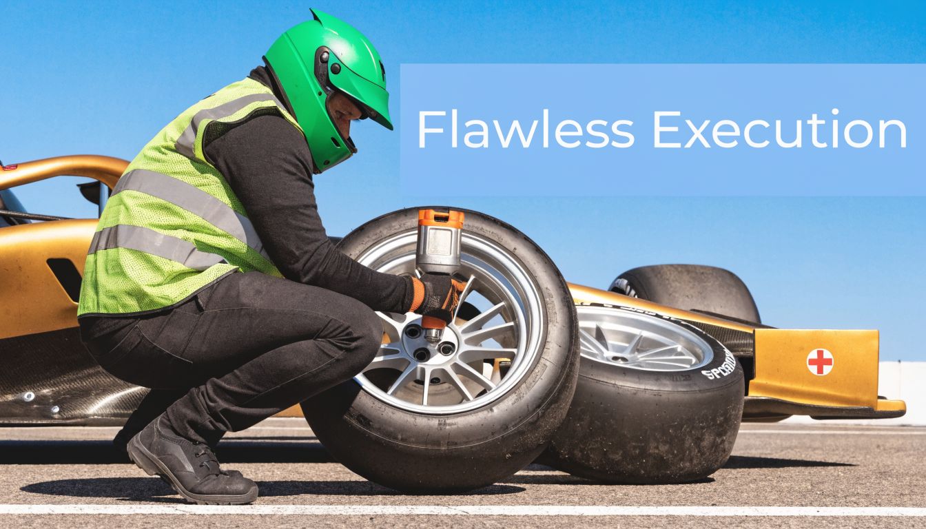 A pit crew member in a green helmet changing a racing car tire during a competition.