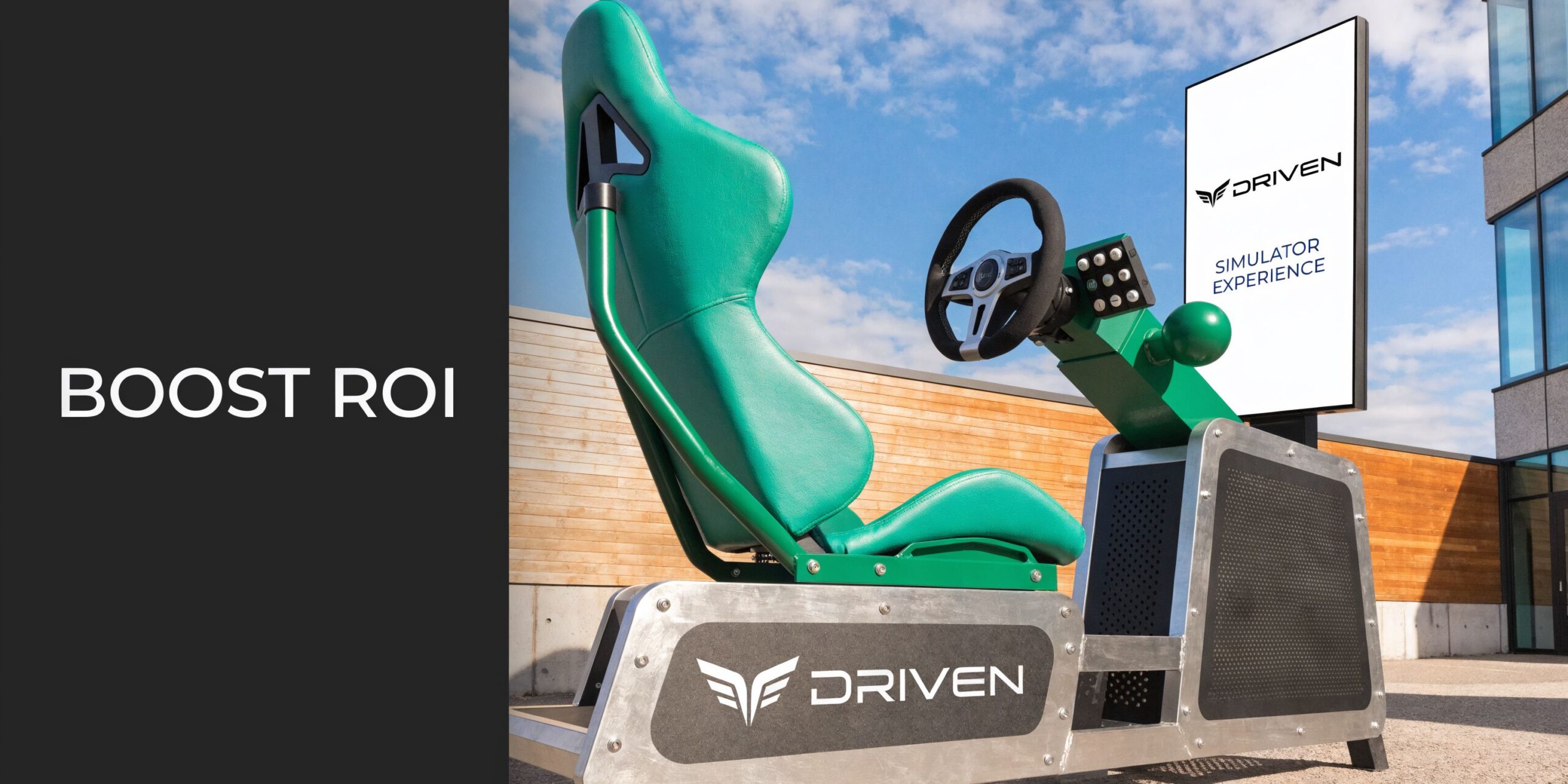 A professional green racing simulator station set up outdoors for corporate events and interactive gaming experiences.