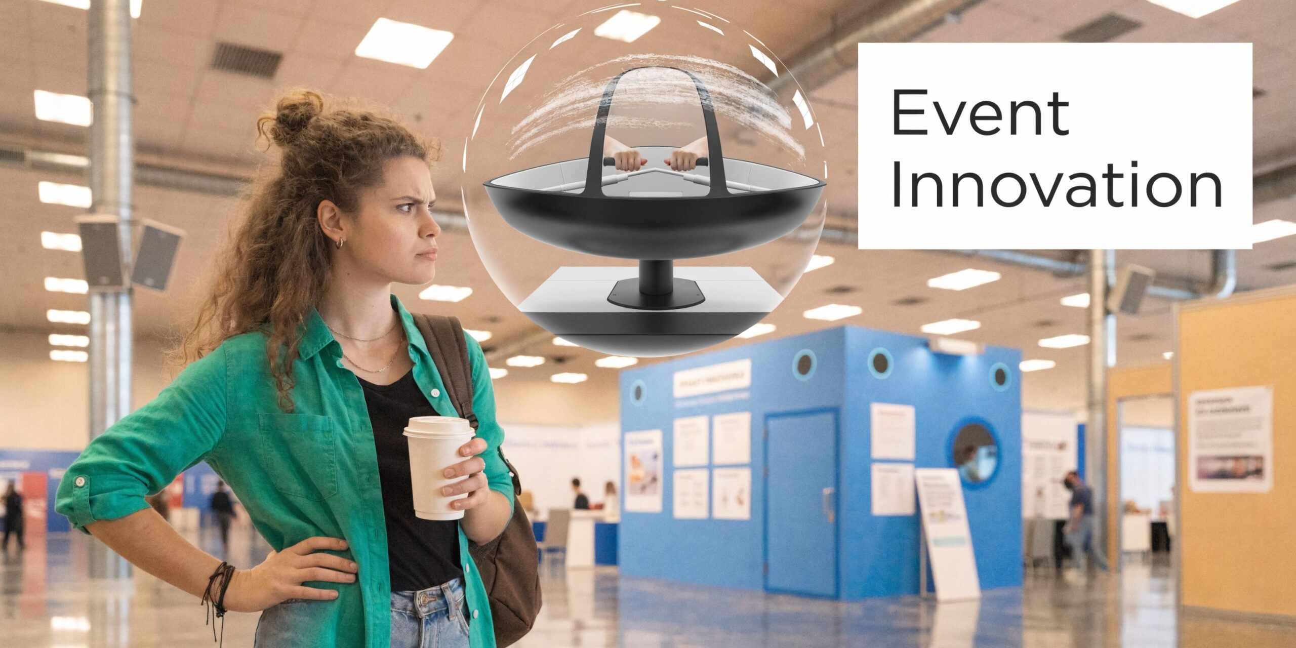 A confused young woman looking at a floating graphic of a modern rowing simulator in an exhibition hall.