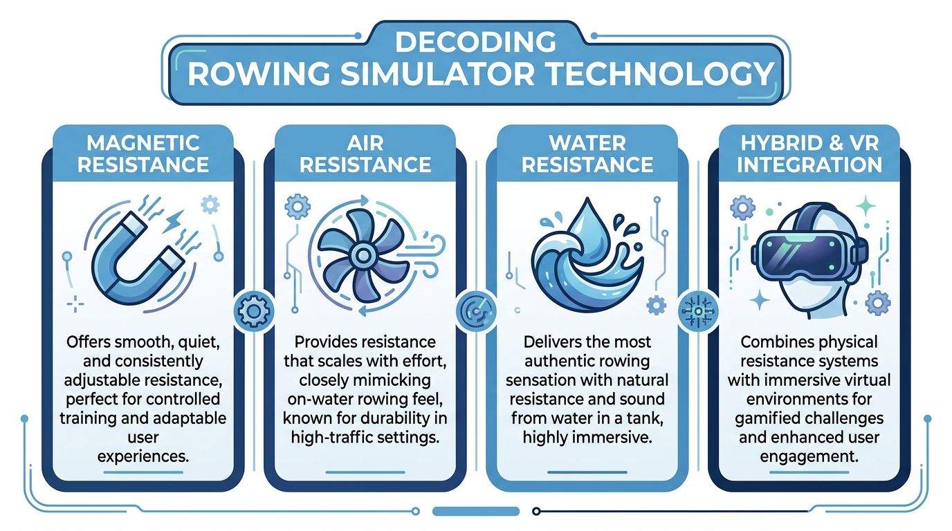 An infographic titled Decoding Rowing Simulator Technology explaining magnetic, air, water resistance and VR integration systems.