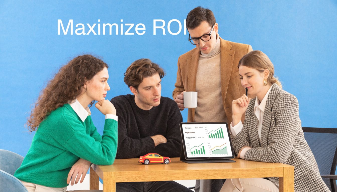 A professional team of four people collaborating in an office while reviewing business growth charts on a tablet.