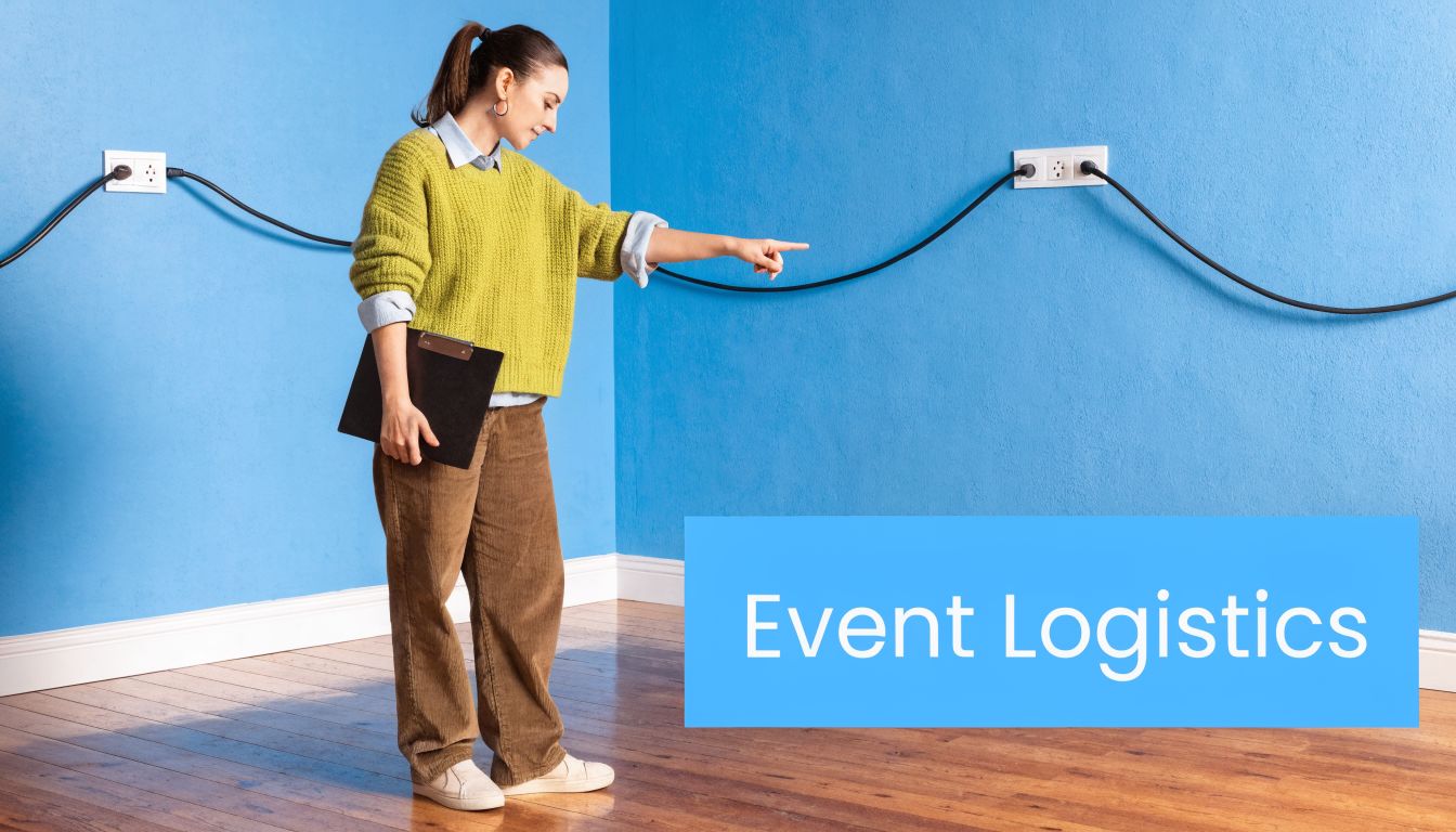 A professional woman holding a clipboard points towards an electrical outlet on a vibrant blue wall.