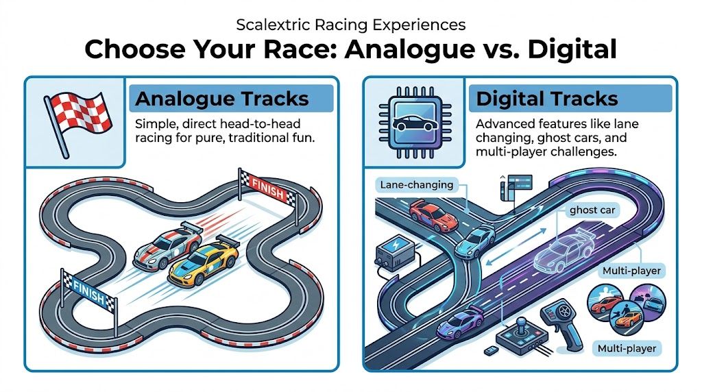A comparative infographic showing the differences between Scalextric analogue and digital slot car racing tracks.