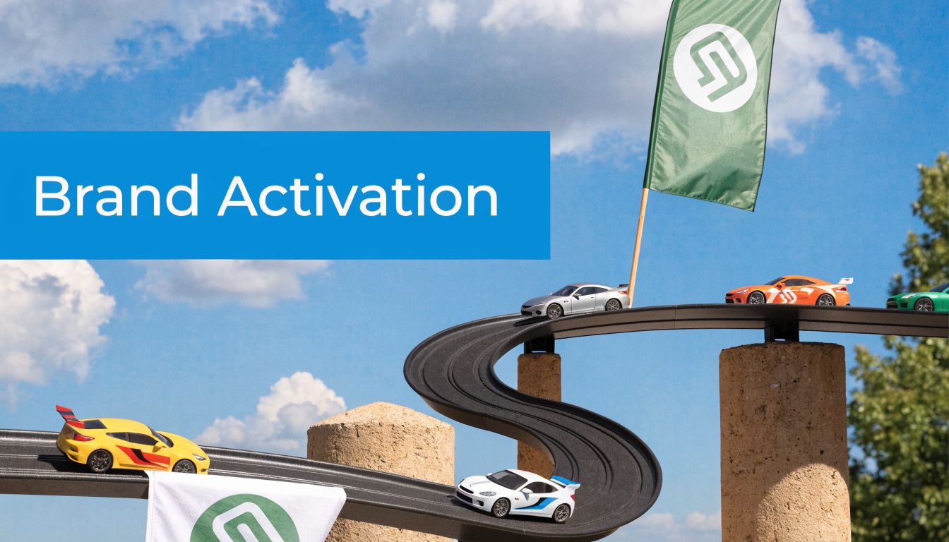 A miniature slot car race track with several toy cars racing outdoors against a blue sky.