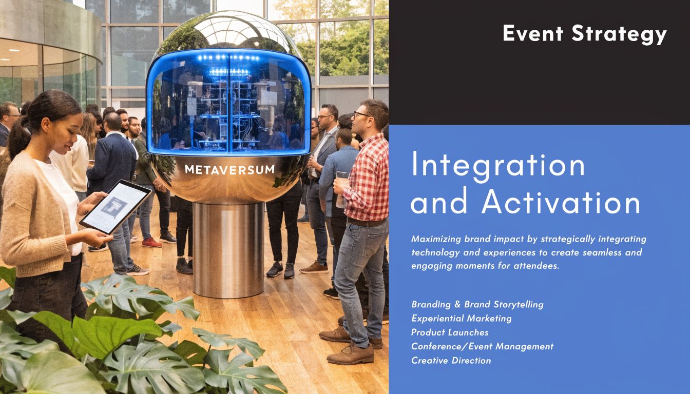 People interacting with a futuristic metaverse display at a professional corporate event in an office lobby.